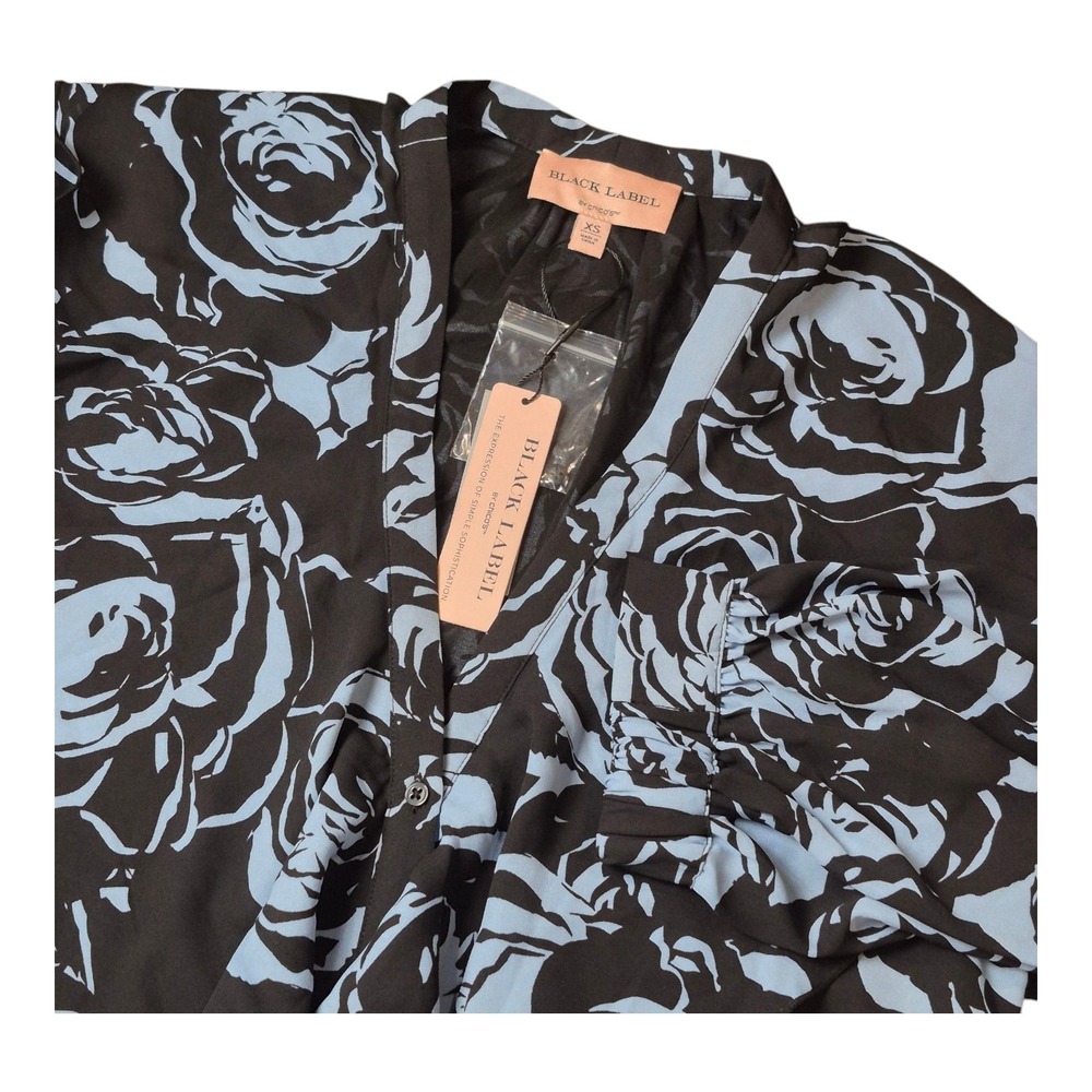 NEW! Black Label By Chico's Ruffle Dress Black Blue Floral Print Women's XS NWT
